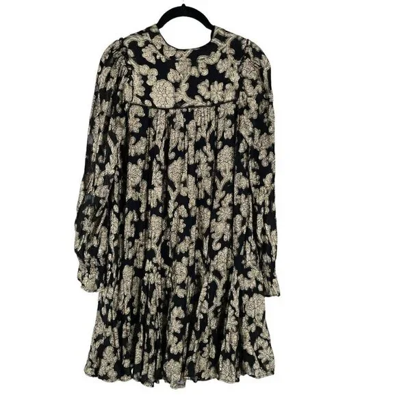 NWT Anthropologie Black Gold Foil Metallic V-Neck Ruffled Tiered Mini Dress S - Picture 3 of 12